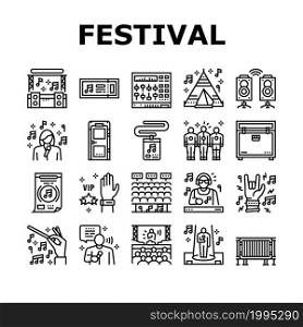 Music Festival Band Equipment Icons Set Vector. Singer Singing In Microphone And Orchestra Playing On Musician Instrument, Rock And Classical Music Concert Festive Event Black Contour Illustrations. Music Festival Band Equipment Icons Set Vector