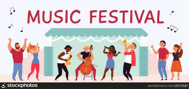 Music festival banner. Summer young people, vocal outdoor party. Modern happy musicians, flat park open air fest or concept decent vector concept. Festival young talent illustration. Music festival banner. Summer young people, vocal outdoor party. Modern happy musicians, flat park open air fest or concept decent vector concept