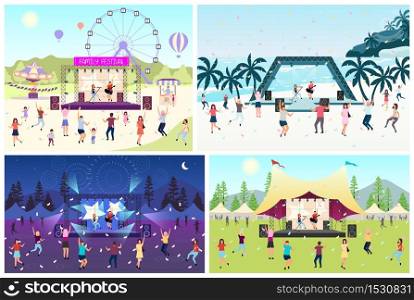 Music festival flat vector illustration set. Open air live performance. Rock, pop musician concert in park, camp. People having fun outdoors in summer. Beach party. Dancing cartoon characters
