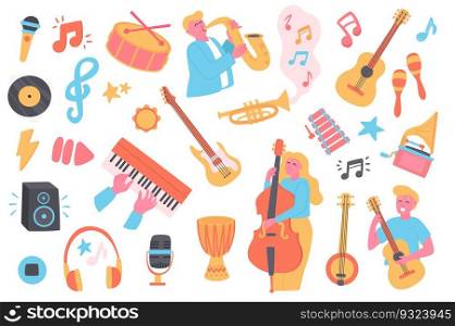 Music festival isolated objects set. Collection of musicians play saxophone, guitar, double bass, gramophone, microphone, headphones, play music. Vector illustration of design elements in flat cartoon
