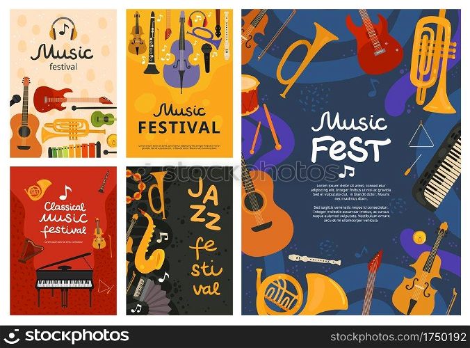 Music festival. Jazz concert, musical instruments poster design. Guitar and piano, saxophone background. Vector open air song event flyers. Illustration banner, musical guitar and piano instrument. Music festival. Jazz concert, musical instruments poster design. Guitar and piano, saxophone background. Vector open air song event flyers