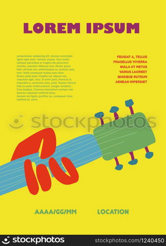 Music festival poster, with hand and guitar. Retro vector illustration, copy space