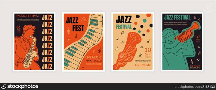 Music festival posters. Continuous line music show placard with contemporary abstract jazz and orchestral one line instruments. Vector band background illustrations banner art music concert. Music festival posters. Continuous line music show placard with contemporary abstract jazz and orchestral one line instruments. Vector band background