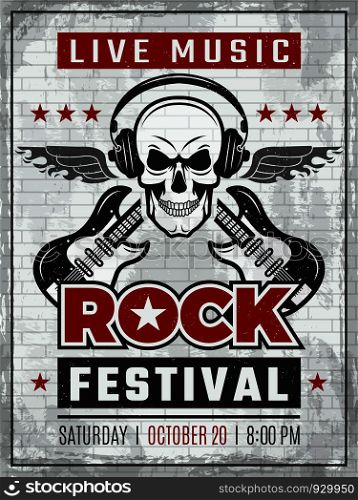 Music festival retro poster. Rock guitar musical instruments in monochrome style. Vector placard of rock or music festivity. Rock music event with guitar instrument, concert poster illustration. Music festival retro poster. Rock guitar musical instruments in monochrome style. Vector placard of rock or music festivity
