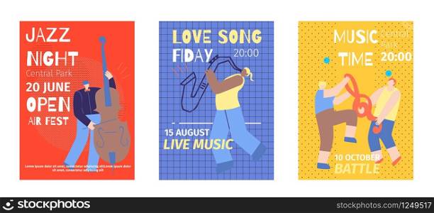 Music Festival Set Flat Invitation Color Poster Template Jazz Night Open Air Contrabass Love Sax Song Musician Battle Time Promotion Banner with Cartoon Man Characters Vector Style Print Illustration. Music Festival Set Flat Invitation Color Posters
