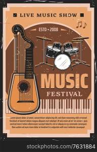 Music festival vector poster with musical instruments and notes. Drum set, piano keyboard and medieval harp guitar or lute retro invitation for live music concert, ethnic fest and musical show. Music festival poster with musical instruments