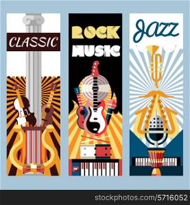 Music flat vertical banners set with jazz classic rock instruments isolated vector illustration