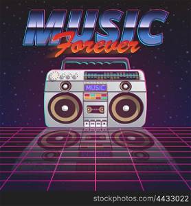 Music Forever Poster. Music forever poster with retro tape recorder on glassy floor on starry sky background flat vector illustration