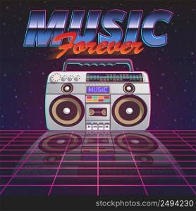 Music forever poster with retro tape recorder on glassy floor on starry sky background flat vector illustration. Music Forever Poster