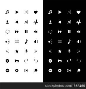 Music glyph icons set for night and day mode. Mute and repeat sound. Smartphone multimedia. Mobile UI. Silhouette symbols for light, dark theme. Vector isolated illustration bundle. Music glyph icons set for night and day mode