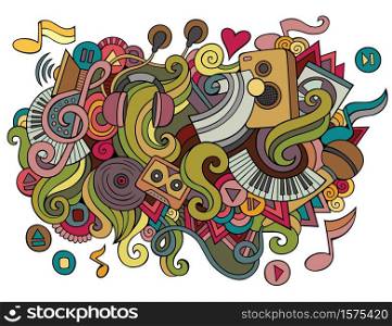 Music hand drawn cartoon doodles illustration. Funny media design. Creative art vector background. Hippie symbols, elements and objects. Colorful composition. Music hand drawn cartoon doodles illustration. Funny media design
