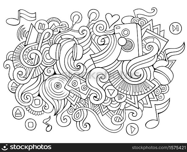 Music hand drawn cartoon doodles illustration. Funny media design. Creative art vector background. Hippie symbols, elements and objects. Sketchy composition. Music hand drawn cartoon doodles illustration. Funny media design