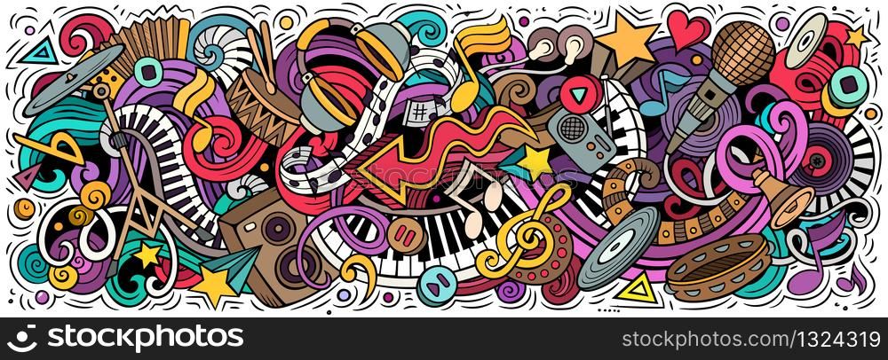 Music hand drawn cartoon doodles illustration. Musical funny objects and elements poster design. Creative art background. Colorful vector banner. Music hand drawn cartoon doodles illustration. Colorful vector banner
