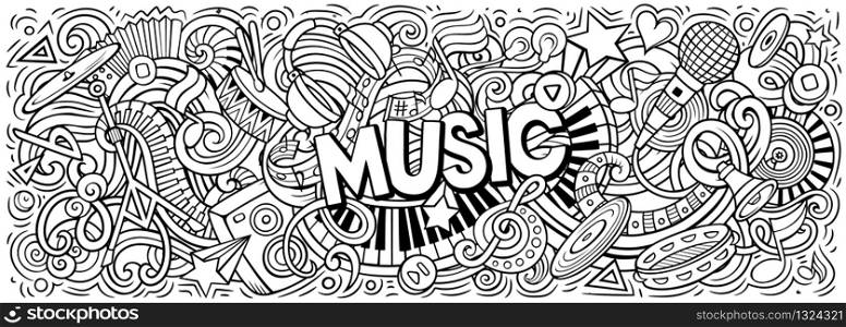 Music hand drawn cartoon doodles illustration. Musical funny objects and elements poster design. Creative art background. Sketchy vector banner. Music hand drawn cartoon doodles illustration. Colorful vector banner