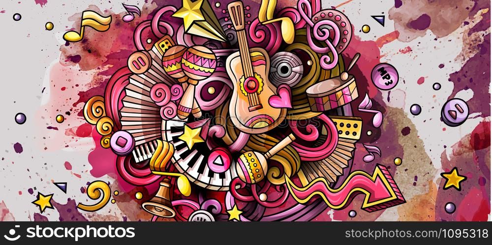 Music hand drawn doodle banner. Cartoon detailed illustrations. Musical identity with objects and symbols. Watercolor vector design elements background. Music hand drawn doodle banner. Cartoon detailed illustrations.