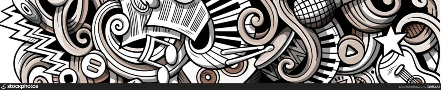 Music hand drawn doodle banner. Cartoon detailed illustrations. Musical identity with objects and symbols. Graphics vector design elements background. Music hand drawn doodle banner. Cartoon detailed illustrations.