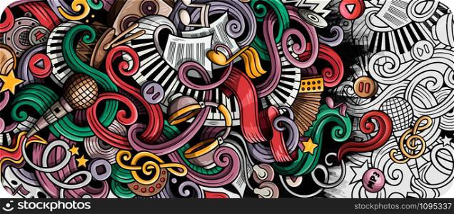Music hand drawn doodle banner. Cartoon detailed illustrations. Musical identity with objects and symbols. Color vector design elements background. Music hand drawn doodle banner. Cartoon detailed illustrations.