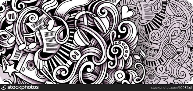 Music hand drawn doodle banner. Cartoon detailed illustrations. Musical identity with objects and symbols. Graphics vector design elements background. Music hand drawn doodle banner. Cartoon detailed illustrations.