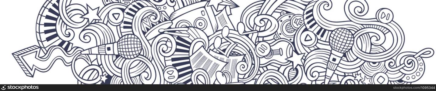 Music hand drawn doodle banner. Cartoon detailed illustrations. Musical identity with objects and symbols. Sketchy vector design elements background. Music hand drawn doodle banner. Cartoon detailed illustrations.