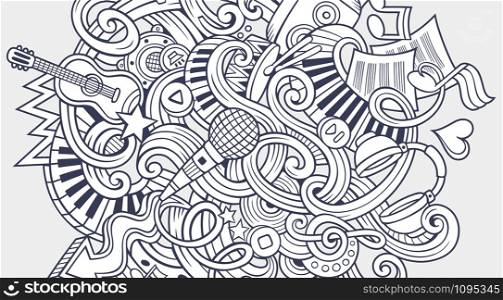 Music hand drawn doodle banner. Cartoon detailed illustrations. Musical identity with objects and symbols. Sketchy vector design elements background. Music hand drawn doodle banner. Cartoon detailed illustrations.