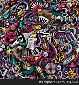 Music hand drawn doodles seamless pattern. Musical instruments background. Cartoon fabric print design. Colorful vector art illustration