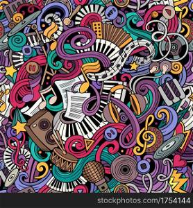 Music hand drawn doodles seamless pattern. Musical instruments background. Cartoon fabric print design. Colorful vector art illustration. Music hand drawn doodles seamless pattern. Musical instruments background.
