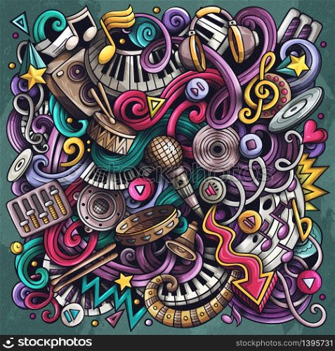 Music hand drawn vector doodles illustration. Musical poster design. Sound elements and objects cartoon background. Bright colors funny picture. All items are separated. Music hand drawn vector doodles illustration. Musical poster design.