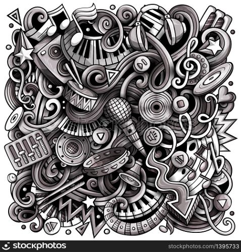 Music hand drawn vector doodles illustration. Musical poster design. Sound elements and objects cartoon background. Monochrome funny picture. All items are separated. Music hand drawn vector doodles illustration. Musical poster design.