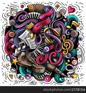 Music hand drawn vector doodles illustration. Musical poster design. Sound elements and objects cartoon background. Bright colors funny picture. All items are separated. Music hand drawn vector doodles illustration. Musical poster design
