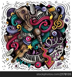 Music hand drawn vector doodles illustration. Musical poster design. Sound elements and objects cartoon background. Bright colors funny picture. All items are separated. Music hand drawn vector doodles illustration. Musical poster design