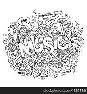 Music hand lettering and doodles elements and symbols background. Vector hand drawn sketchy illustration. Music hand lettering and doodles elements