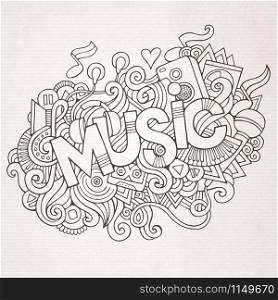 Music hand lettering and doodles elements and symbols background. Vector hand drawn sketchy illustration. Music hand lettering and doodles elements