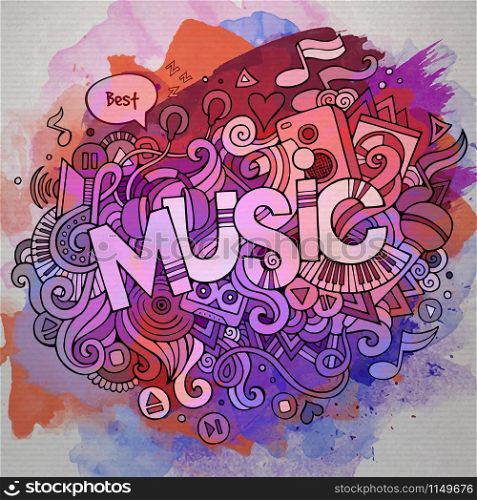 Music hand lettering and doodles elements and symbols emblem. Vector watercolor stains background. Music hand lettering and doodles elements
