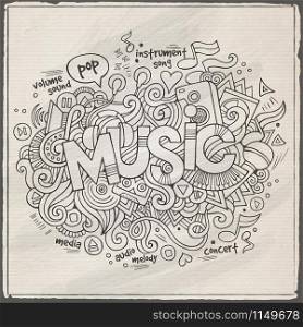 Music hand lettering and doodles elements background. Vector illustration. Music hand lettering and doodles elements background
