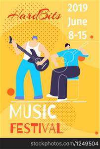 Music Hard Bits Summer Festival Poster Template with Date Trendy Flyer Art Style with Boys Band Playing Guitar on Yellow Copy Space Vector Illustration Flat Designed Brochure Party Time Live Concert. Music Hard Bits Summer Festival Poster with Date