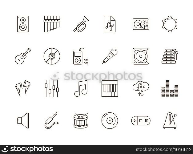 Music icon. Musical audio dj studio equipment guitar piano microphone vector thin line pictures. Illustration of studio device, piano and microphone, guitar and equipment. Music icon. Musical audio dj studio equipment guitar piano microphone vector thin line pictures