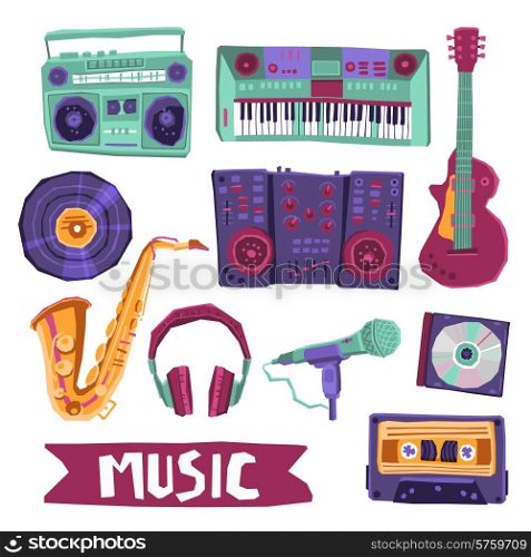 Music icon set with instruments and audio equipment isolated vector illustration. Music Icon Set