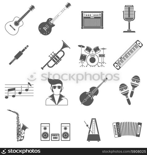 Music icons black set with guitar microphone drums isolated vector illustration. Music Icons Black Set