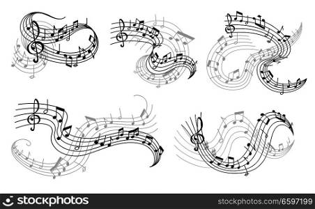 Music icons of musical staff or music stave notes and clef. Vector set of musical notes on staff for jazz club or classical opera concert and orchestra players performance. Vector music notes on staff icons