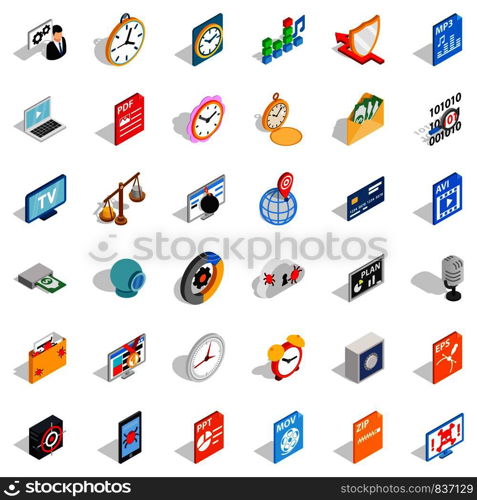 Music icons set. Isometric style of 36 music vector icons for web isolated on white background. Music icons set, isometric style