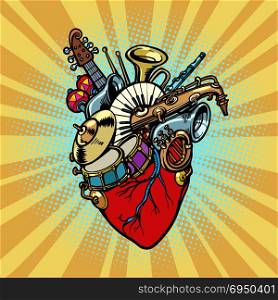 Music in the heart, musical orchestral instruments. Comic cartoon pop art illustration retro vintage kitsch vector. Music in the heart, musical orchestral instruments