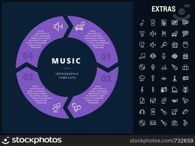 Music infographic template, elements and icons. Infograph includes customizable circular diagram, line icon set with musical instruments, music notes, microphone, smartphone with mobile app etc.. Music infographic template, elements and icons.