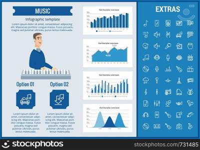 Music infographic template, elements and icons. Infograph includes customizable graphs, charts, line icon set with musical instruments, music notes, microphone, smartphone with mobile application etc.. Music infographic template, elements and icons.