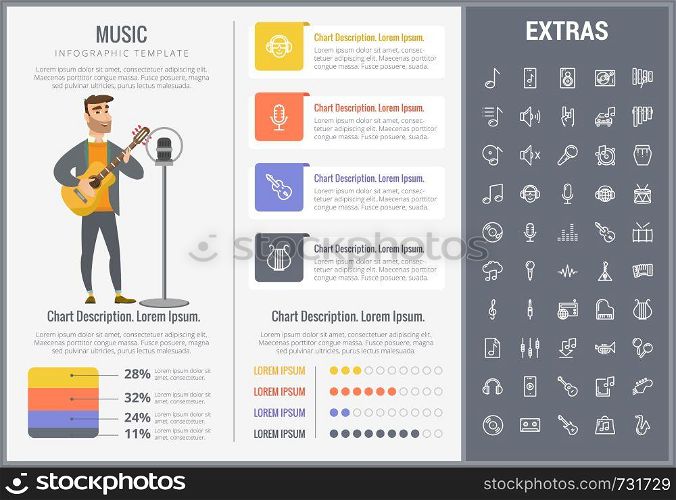 Music infographic template, elements and icons. Infograph includes customizable graphs, charts, line icon set with musical instruments, music notes, microphone, smartphone with mobile application etc.. Music infographic template, elements and icons.