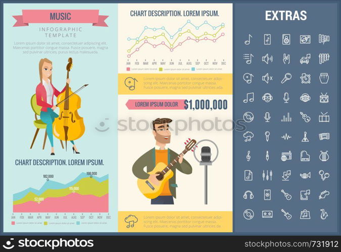 Music infographic template, elements and icons. Infograph includes customizable graphs, charts, line icon set with musical instruments, music notes, microphone, smartphone with mobile application etc.. Music infographic template, elements and icons.