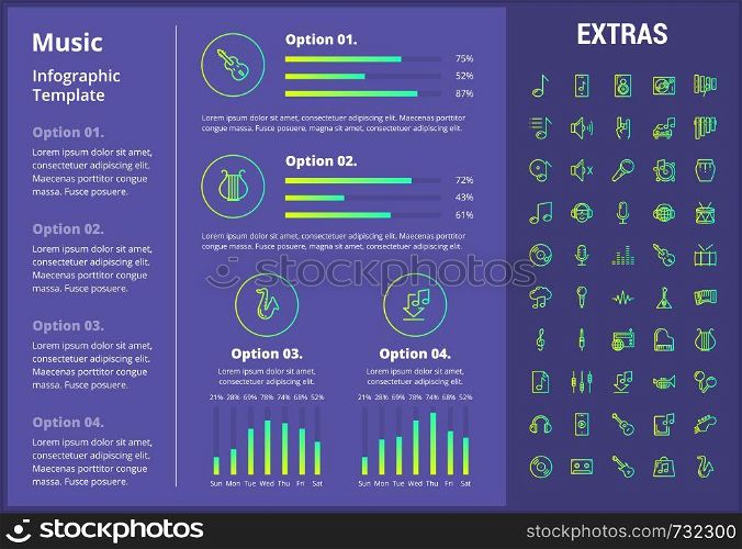 Music infographic template, elements and icons. Infograph includes customizable graphs, four options, line icon set with musical instruments, music notes, mic, smartphone with mobile application etc.. Music infographic template, elements and icons.