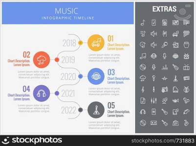 Music infographic timeline template, elements and icons. Infograph includes numbered options with year, line icon set with musical instruments, music notes, mic, smartphone with mobile application etc. Music infographic template, elements and icons.