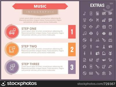 Music infographic timeline template, elements and icons. Infograph includes step number options, line icon set with musical instruments, music notes, microphone, smartphone with mobile application etc. Music infographic template, elements and icons.