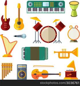 Music instrument flat vector icons. Music instrument flat vector icons. Guitar and piano, trumpet and microphone illustration