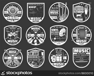 Music instrument, microphone and vinyl record player vector badges. Isolated musical icons with drums, pianos, guitars and retro gramophones, notes, shamisen, flutes, tanbur, trumpets and tubes. Music instrument, microphone, record player badges